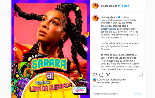 Linn da Quebrada será a apresentadora do Festival Sarará 2021, que acontece virtualmente