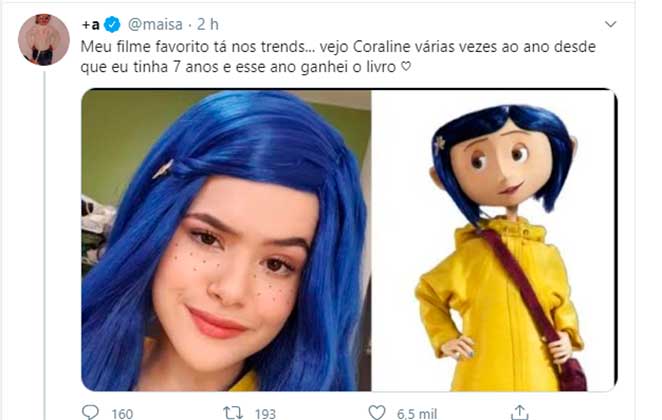 Maisa revela no Twitter que Coraline é o sue filme favorito