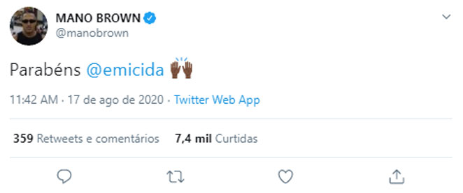 O rapper Mano Brown usou o seu perfil no Twitter para felicitar o colega