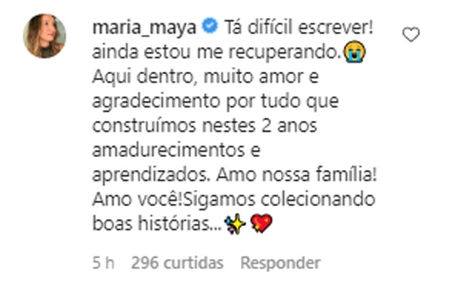 Maria Maya se emocionou ao comentar o post da amada