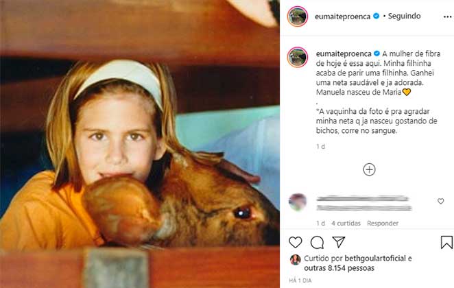 Maitê Proença anunciou nascimento da neta com foto da filha pequena no Instagram