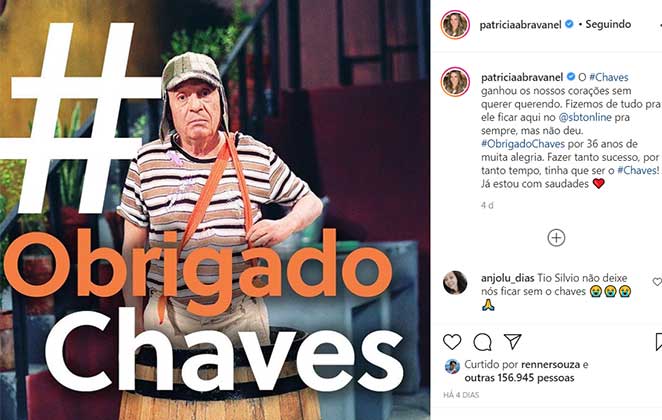 Post com o agradecimento de Patrícia Abravanel sobre o fim da exibição de Chaves