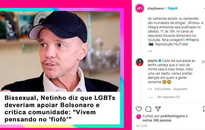Pepita rebateu críticas de Netinho à comunidade LGBTQIA+ em comentário no Instagram