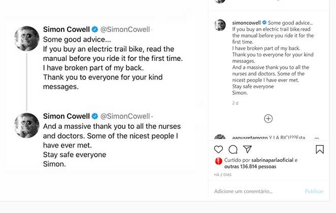 Simon Cowell conta sobre cirurgia em post