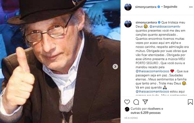 Simony fez um post lamentando a morte de Arnaldo Saccomani