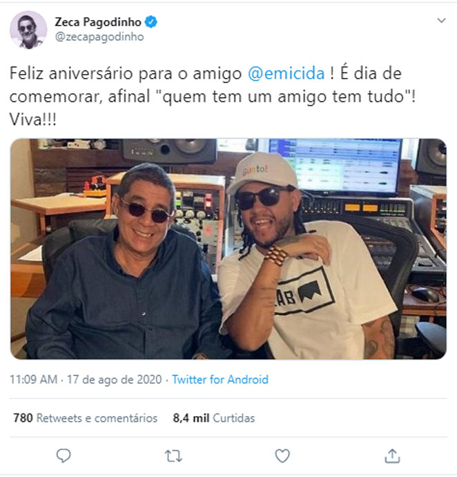 Zeca Pagodinho ainda fez referência à canção gravada com Emicida