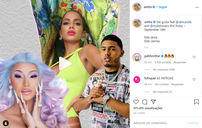 Anitta anuncia Cardi B como parceira do Single Me Gusta, ao lado de Myke Towers