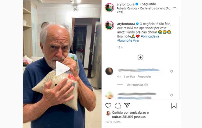 Ary Fontoura brincou que estava apaixonado pro saco de arroz no Instagram