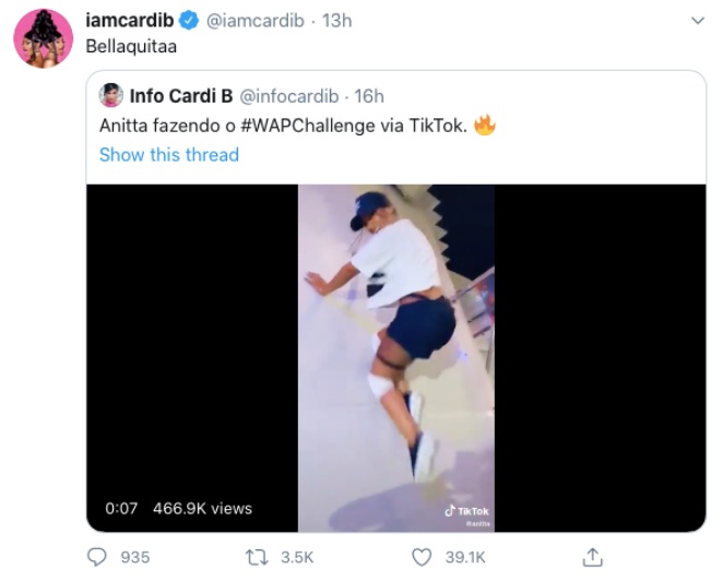 Cardi B reposta vídeo de Anitta dançando