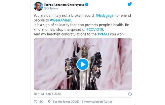 Diretor-geral da OMS elogiou Lady Gaga no Twitter por incentivar o uso de máscaras no VMA 2020