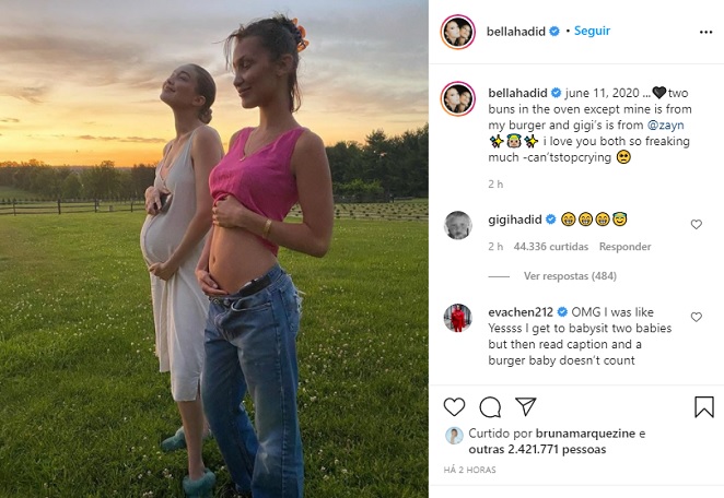 Bella Hadid posa com a irmã Gigi Hadid, grávida do primeiro filho