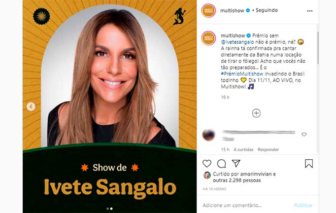 Ivete Sangalo se apresentará em palco na Bahia para o prêmio Multishow 2020