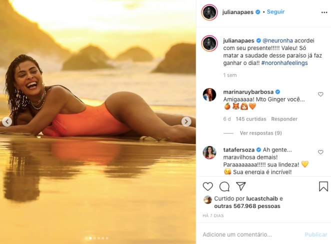Juliana Paes ostenta corpaço em fotos de maiô no mar
