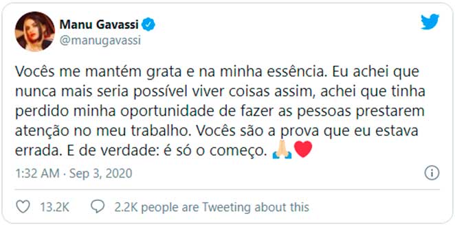 Manu Gavassi agradeceu o apoio dos fãs nas recentes conquistas de sua carreira