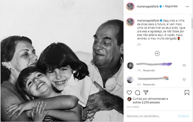 Mariana Goldfarb homenageou os avós em clique de infância