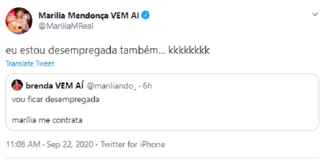 Marília Mendonça disse que está desempregada nas redes sociais