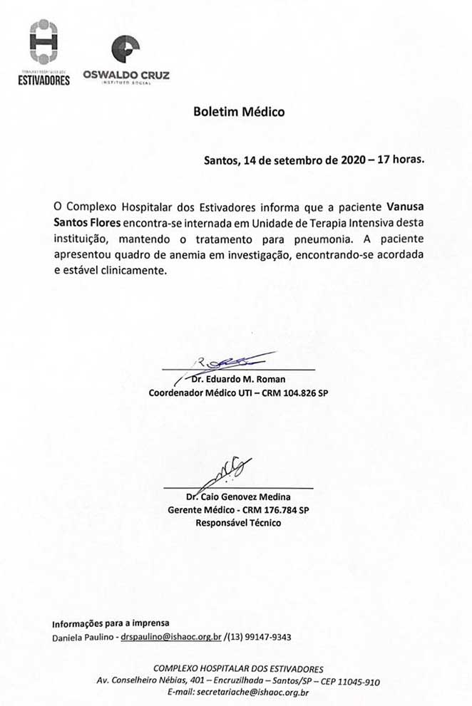 Novo boletim médico de Vanusa revela descoberta de anemia