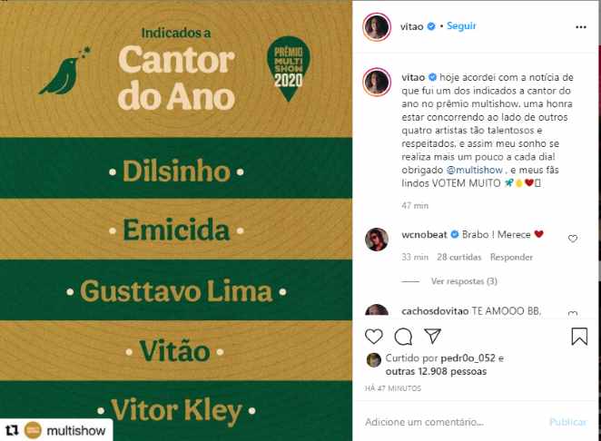 Postagem de Vitão nas redes sociais