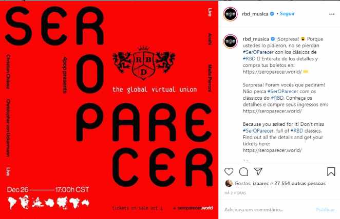 Publicação do grupo RBD nas redes sociais