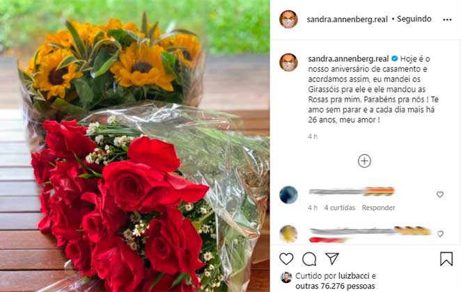 Sandra Annenberg mostrou no Instagram as flores que recebeu de Ernesto Paglia