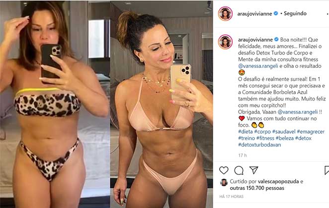 Viviane Araújo mostra o antes e depois do corpão