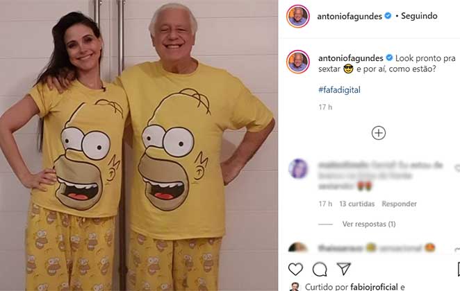 Antonio Fagundes e Alexandra Martins de pijamas iguais