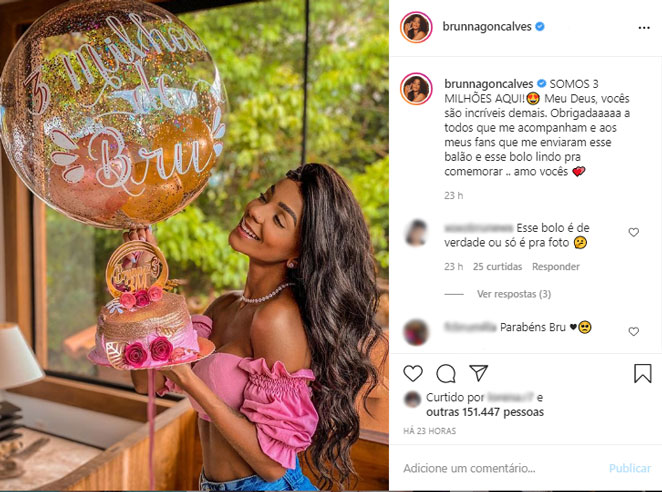 Brunna Gonçalves celebrar marca de três milhões de seguidores no Instagram