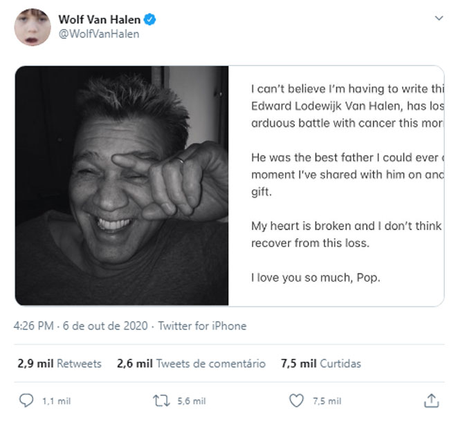 Filho de Eddie Van Halen noticia a morte do guitarrista