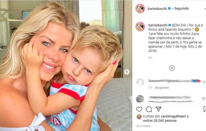 Karina Bacchi mostrou filho Enrico fazendo biquinho no Instagram