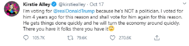 Kirstie Alley demonstra apoio para Donald Trump no Twitter