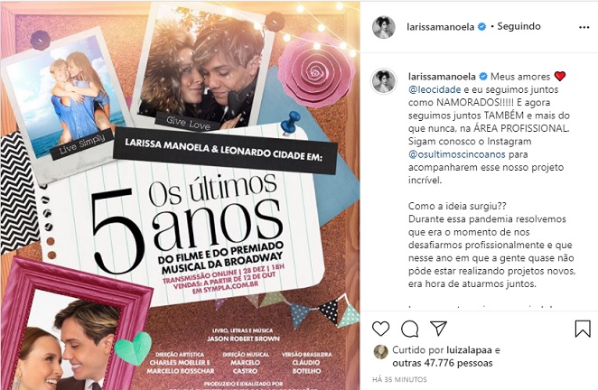 Larissa Manoela anuncia musical com Leo Cidade