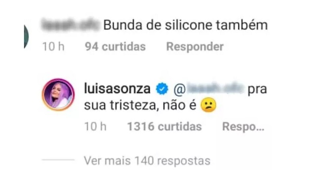 Luísa Sonza rebate seguidor nas redes sociais