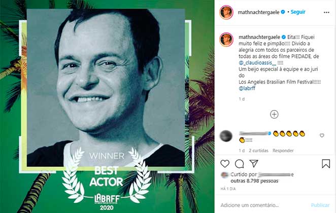 Matheus Nachtergaele comemora prêmio no Festival Los Angeles Brazilian Film Festival