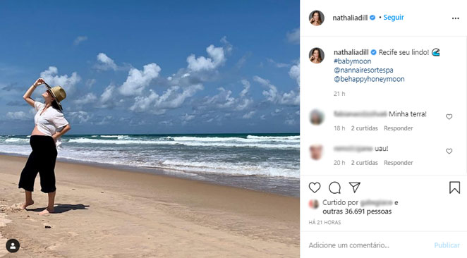 Nathalia Dill curte a viagem para Recife no sétimo mês de gestação
