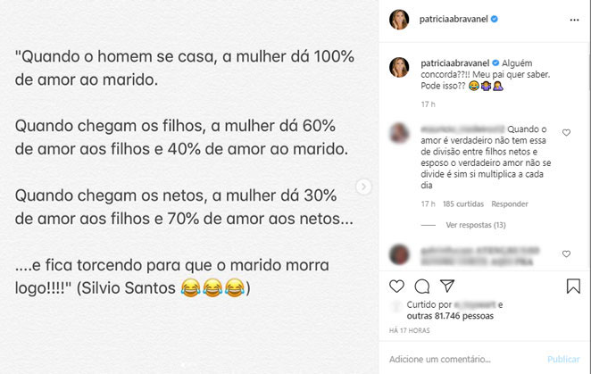 Patrícia Abravanel compartilha divertido pensamento de Silvio Santos