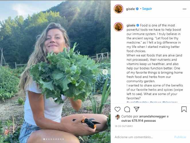 Publicação de Gisele nas redes sociais