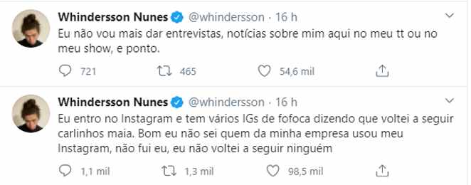 Postagem de Whindersson Nunes no Twitter