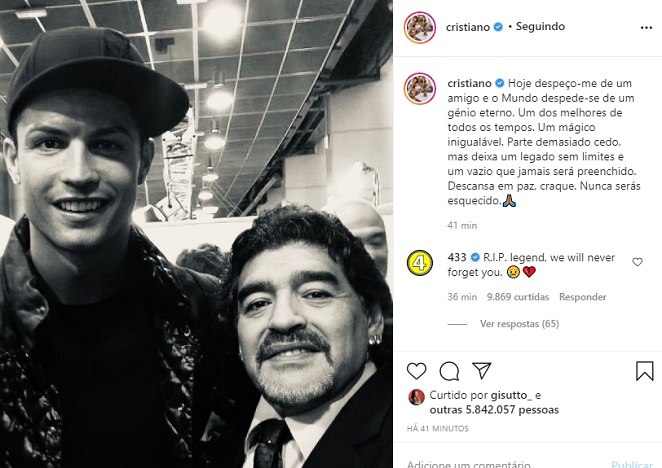 Cristiano Ronaldo lamenta morte de Maradona