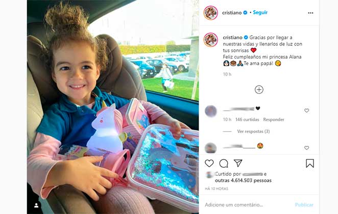 Cristiano Ronaldo parabenizou filha pelo aniversário