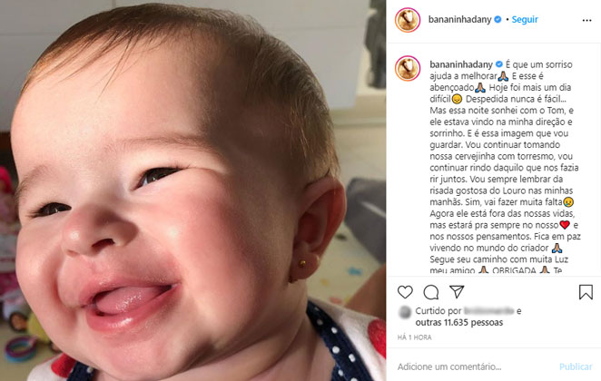 Dany Bananinha usa foto da filha para homenagear Tom Veiga