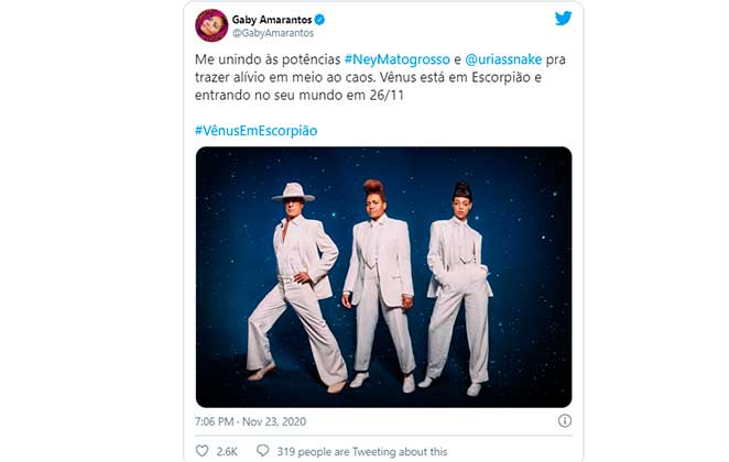 Gaby Amaranto anunciou single em parceria com Ney Matogrosso e Urias