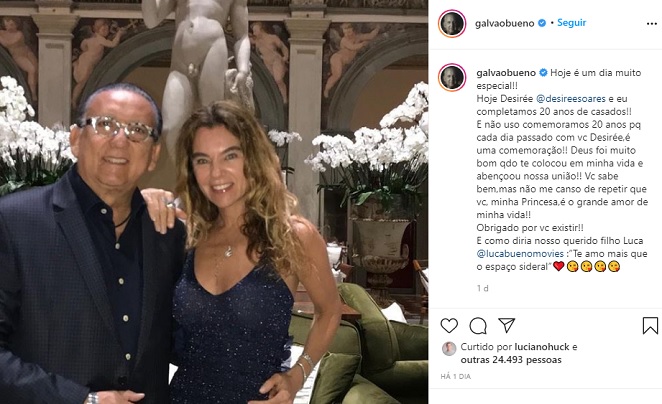 Galvão Bueno completa 20 anos de casado e se declara para a esposa