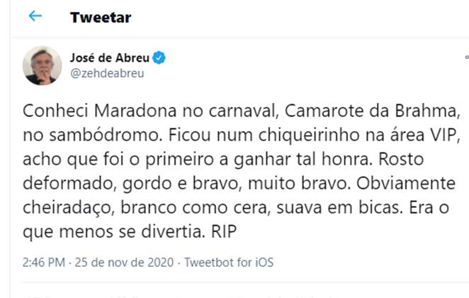 José de Abreu faz comentário sobre Maradona que gerou polêmica