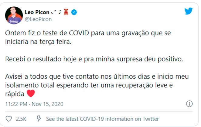 Leo Picon revelou no Twitter ter testado positivo para covid-19