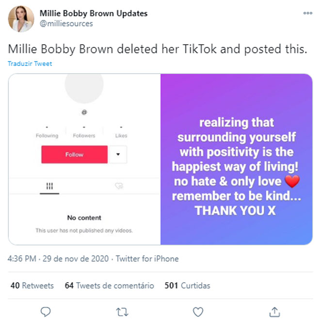 Millie Bobby Brown deleta conta no TikTok