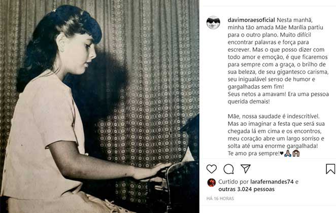 Davi Moraes fala sobre a morte da sua mãe em post no Instagram