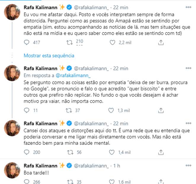 Rafa Kalimann diz que vai se afastar do Twitter