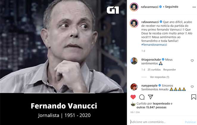Postagem de Rafael Vannucci sobre a morte do primo, Fernando Vannucci