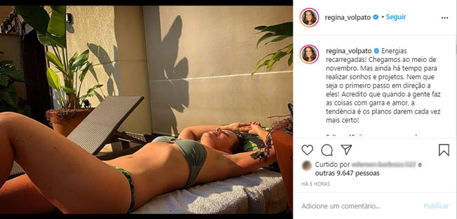 Regina Volpato mostra suas curvas em foto de biquíni e reflete sobre ânimo