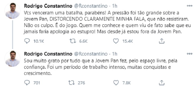 Rodrigo Constantino foi demitido da Jovem Pan após comentários sobre estupro